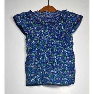 Loft Blouse Top Womens Petite Medium Blue Multi Floral Print Smocked Yoke Detail